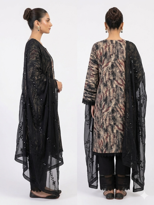 Charcoal Abstract Print Embroidered Shalwar Kameez