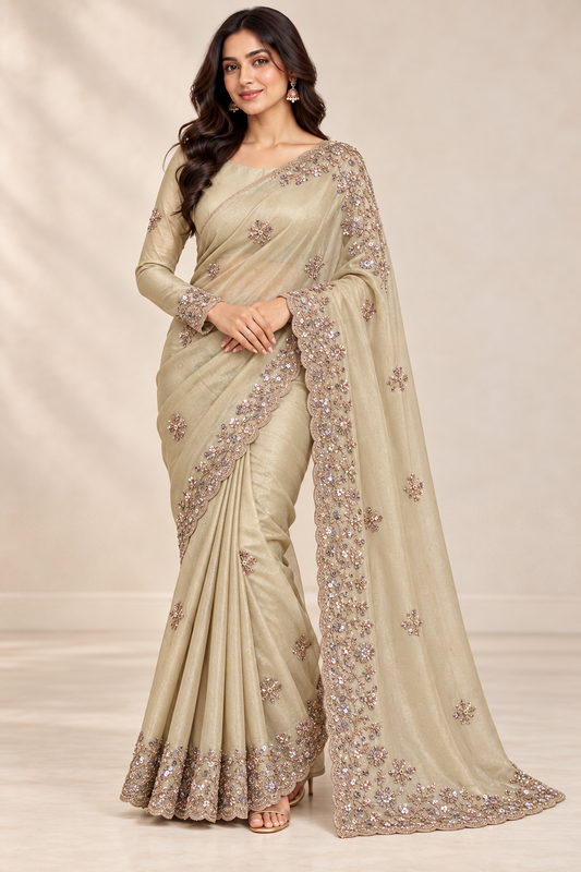 Champagne Gold Embellished Saree with Matching Full-Sleeve Blouse