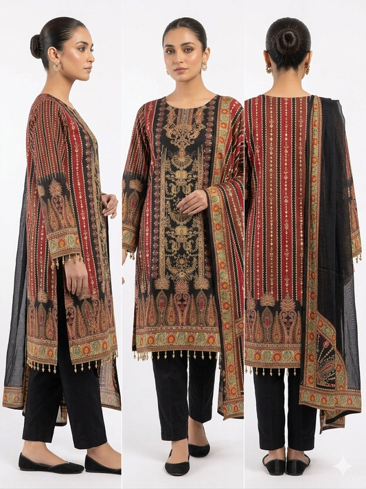 Black and Maroon Traditional Patterned Embroidered Shalwar Kameez