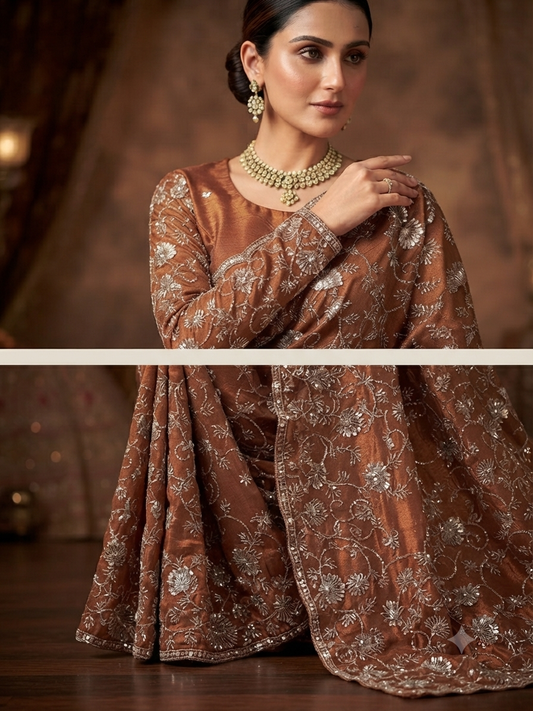 Golden brown saree on soft satin organza fabric with all over work.  Comes with full sleeve blouse.