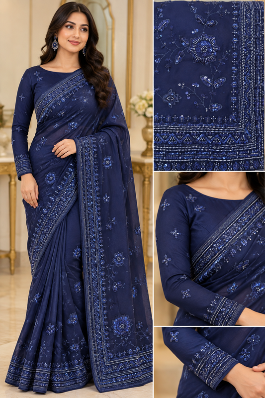 Navy saree with full work all over with matching full sleeve blouse.