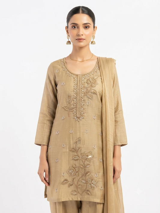 Embroidered Beige Kurta Set with Dupatta