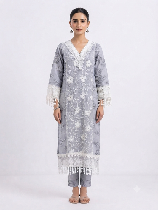 Grey Embroidered Lace-Trim Kurti Set
