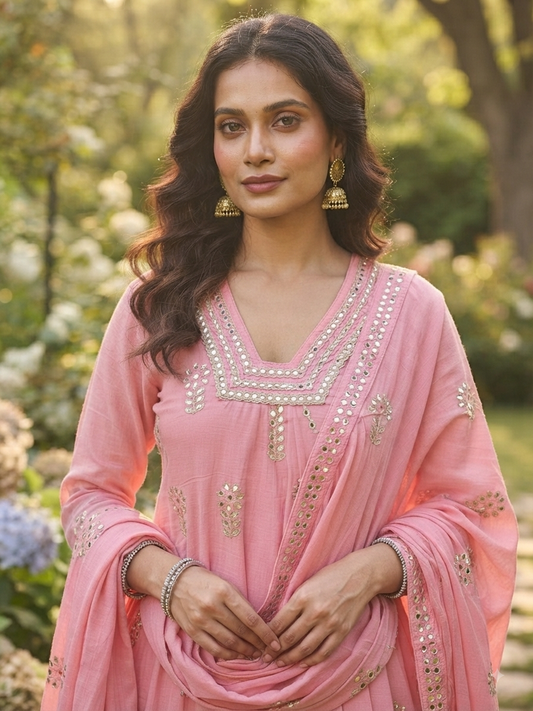 Pink Embroidered Anarkali Suit Set