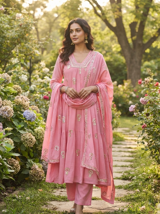 Pink Embroidered Anarkali Suit Set