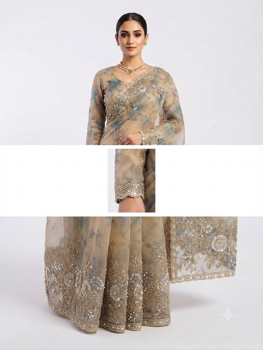 Floral Print Satin soft Organza Saree with Full Sleeve Blouse