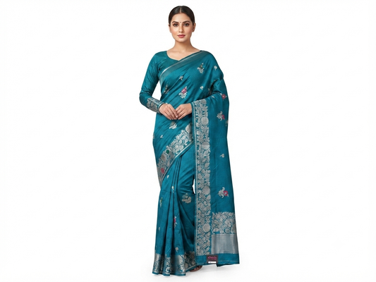 Teal Banarasi Silk Saree with Matching Blouse