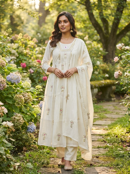 Off-White Embroidered Anarkali Suit Set