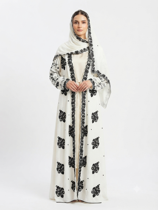 MB - White abaya with black thread.