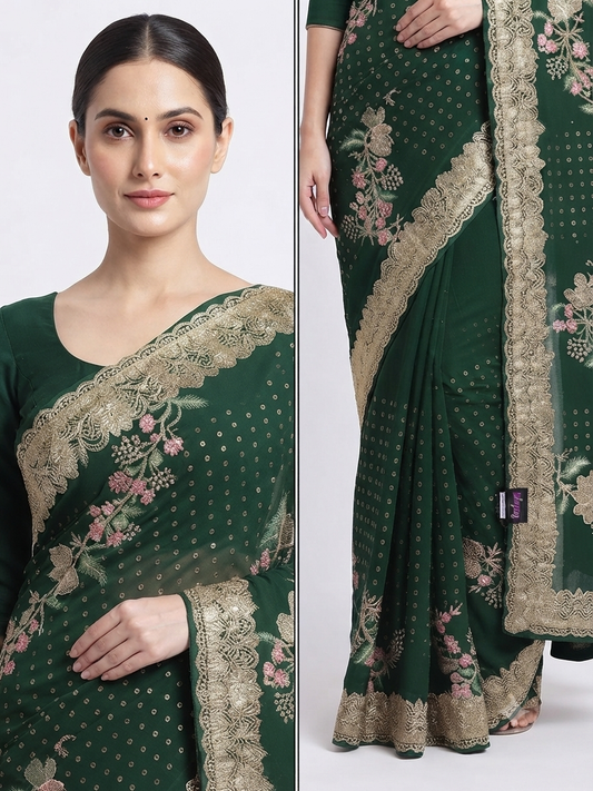 Dark Green Georgette Saree with Floral Embroidery and Scalloped Border