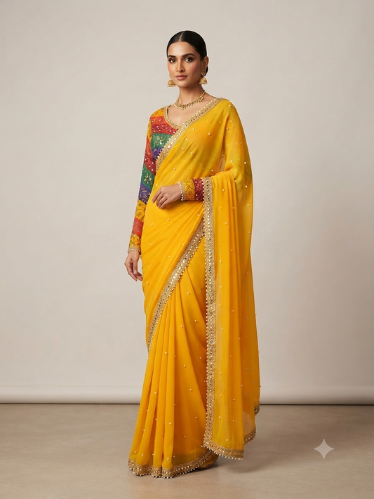 MNTY YELLOW SAREE WITH MULTI BLOUSE