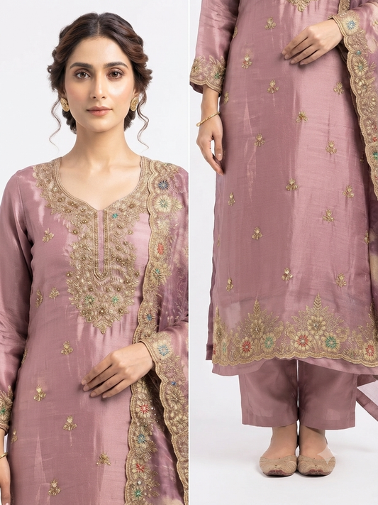 Mauve Soft satin Organza Embroidered Kurta Set with Matching Dupatta