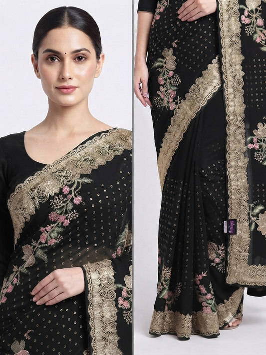 Black Georgette Saree with Floral Embroidery and Scalloped Border