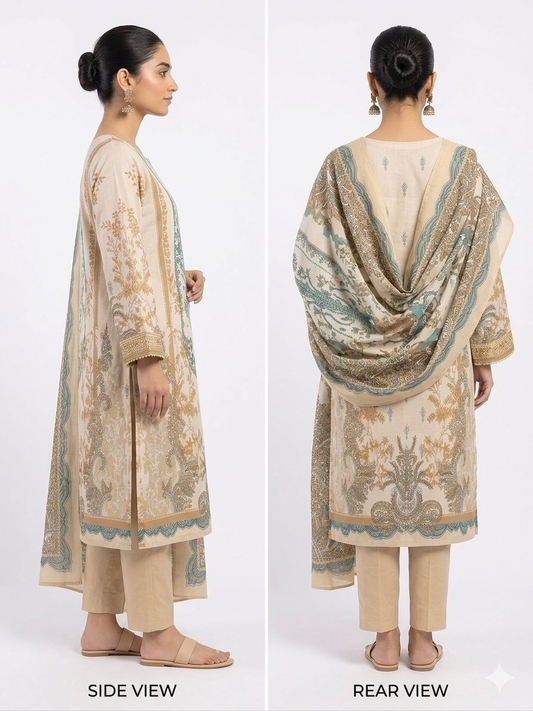 Women's 3-Piece Printed Cream and Teal Mirror Salwar Kameez Suit