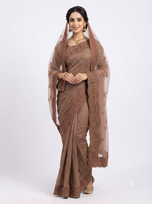 Bridal satin saree with matching net scarf in mauve.