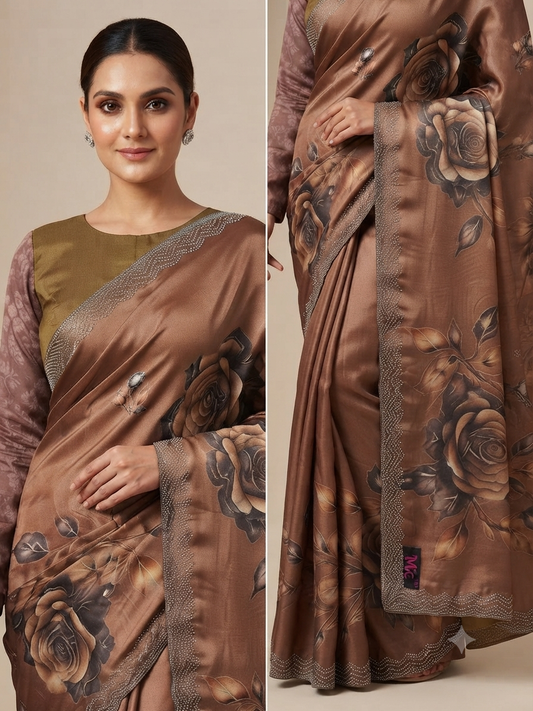 Light Brown Satin Saree with Floral Print and Beaded Border