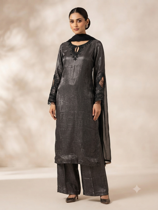 Midnight Black Shimmer Embellished Kurta Set with Dupatta