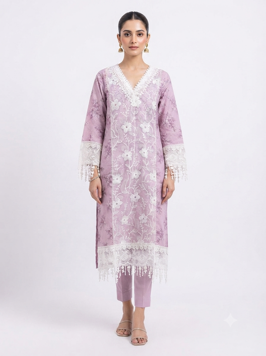 Lavender Printed and Embroidered Lace-Trim Kurta Set