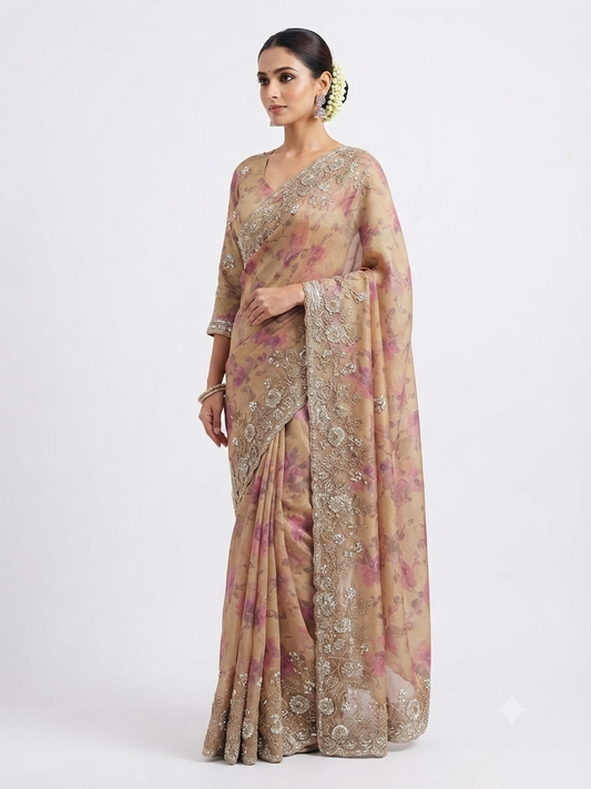 Floral Print Saree with Matching Blouse in soft satin organza