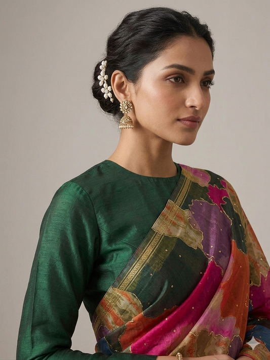 MEHENDI SAREE with abstract print and matching full sleeve blouse.