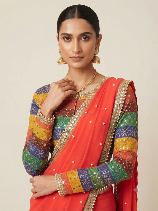 MNT ORANGE MEHENDI SAREE WITH MULTI BLOUSE