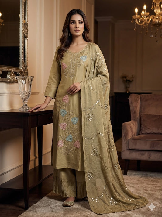 Olive Sage Embroidered Silk 3-Piece Salwar Suit